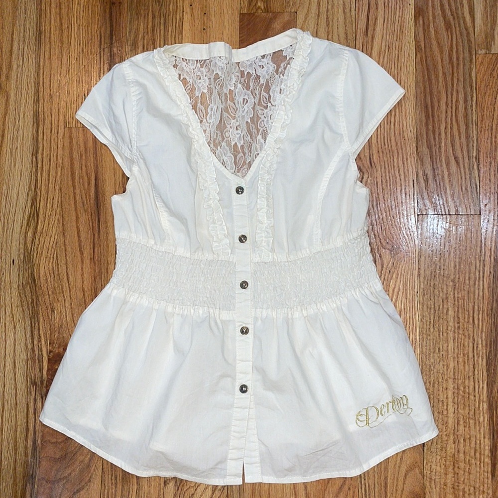 DEREON Short sleeve Y2K lace open back down shirt L